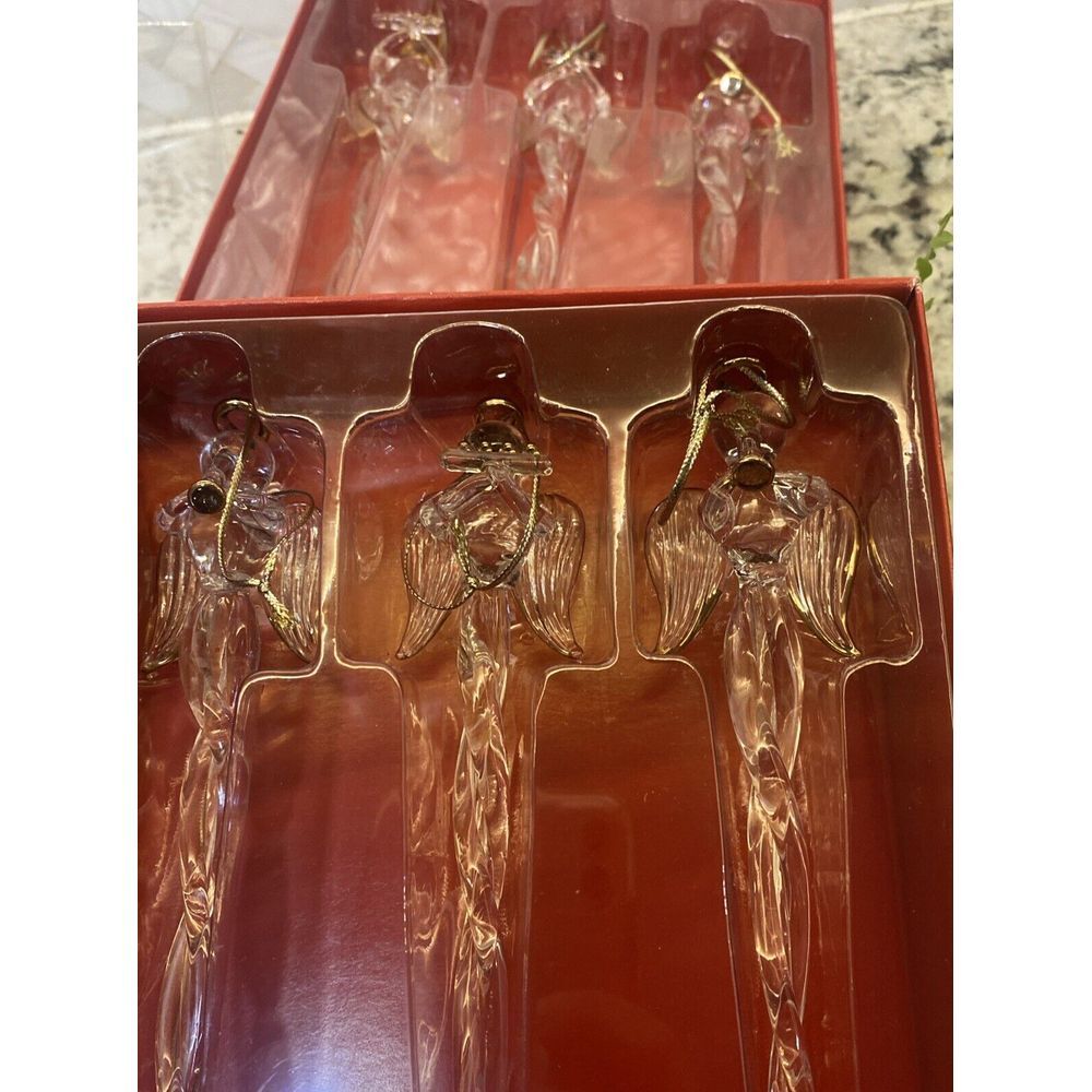 pier 1 Glass Icicle Angle Ornaments‎ Hand Made & Hand Painted. New 2 Box's